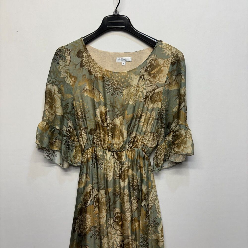 Women's Green Floral Midi Dress with Ruffle Sleeves - Picture 10 of 16